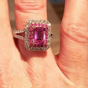 Emerald Cut Pink Sapphire Ring (Double Halo)